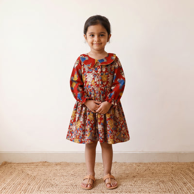 Red - pure cotton girls frock dress in kalamkari prints