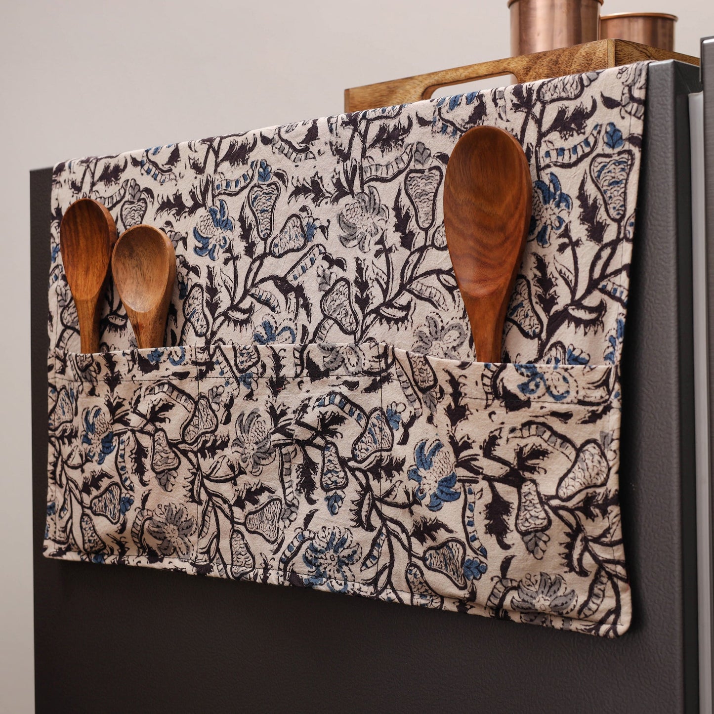 Beige Kalamkari Block Printed Fridge Top Cover with Handle Cover