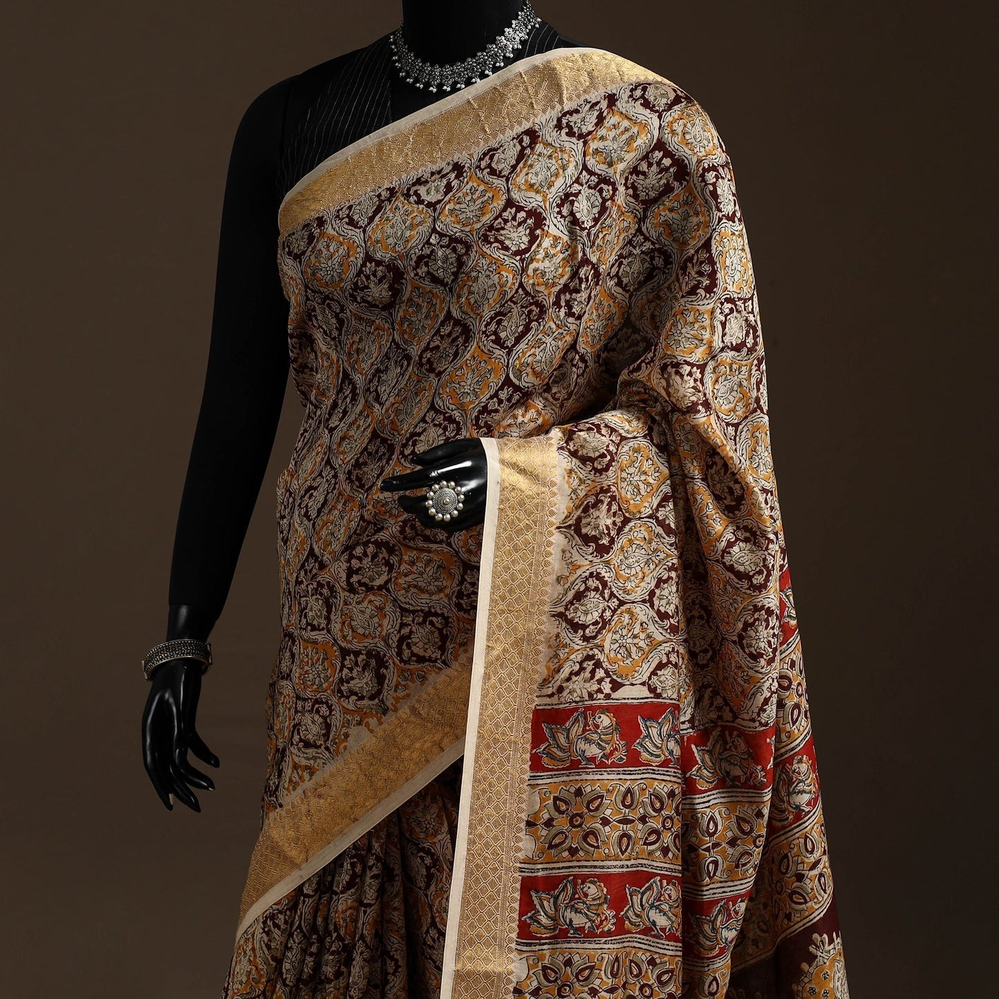 Brown - natural dyed pedana chanderi silk kalamkari saree