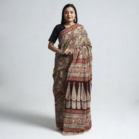 Brown Pedana Block Print Cotton Kalamkari Saree