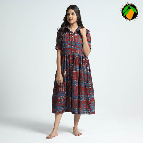 Red & Blue - Bindaas Art Block Printed Cotton Dress