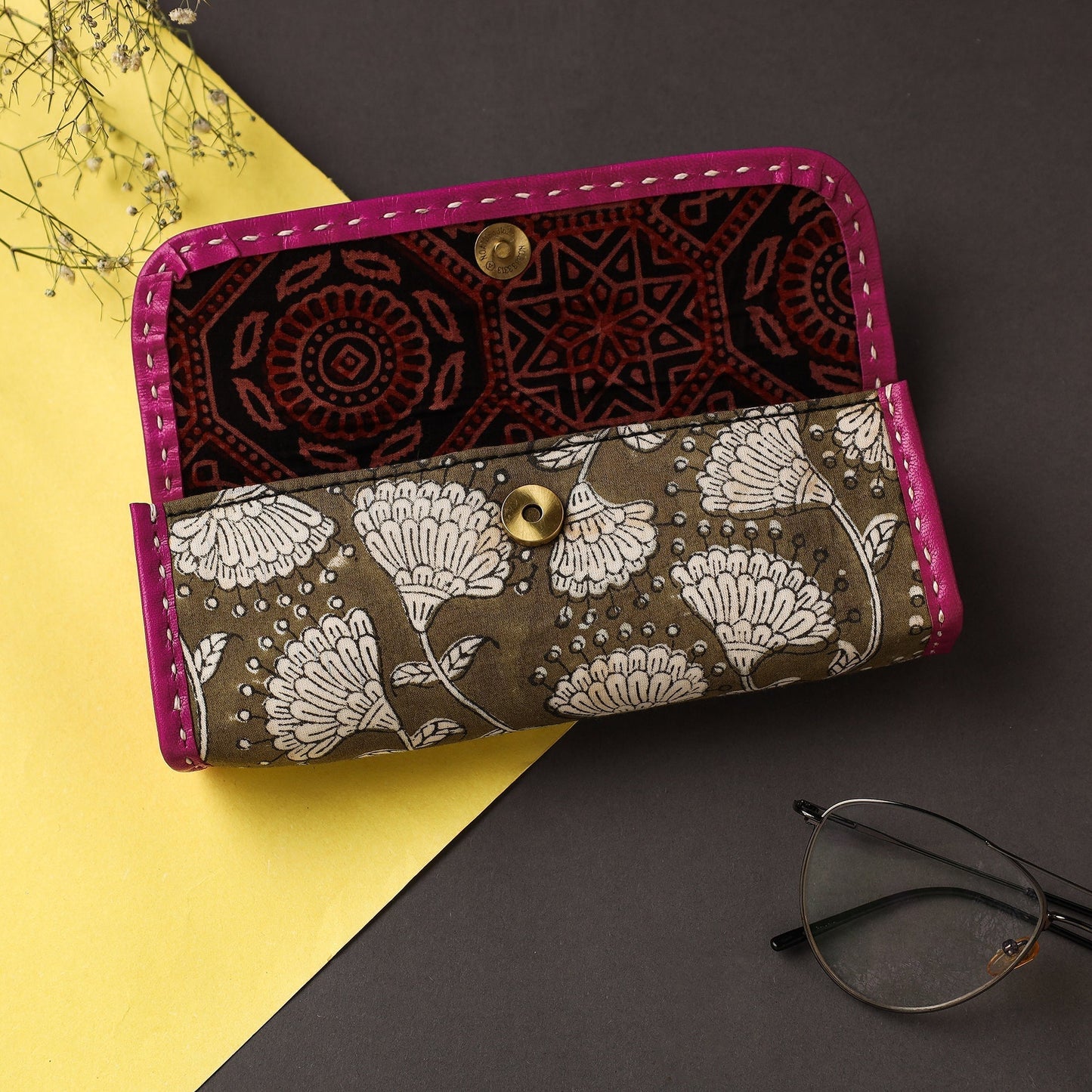 Green Handcrafted Kutch Leather Block Printed Spectacle Case