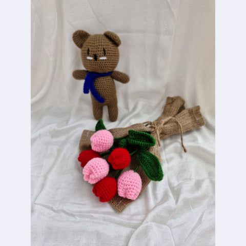 Handmade Flower Bouquet Set Of 3 Red Tulip+3 Pink Tulip And 1 Teddy Toy