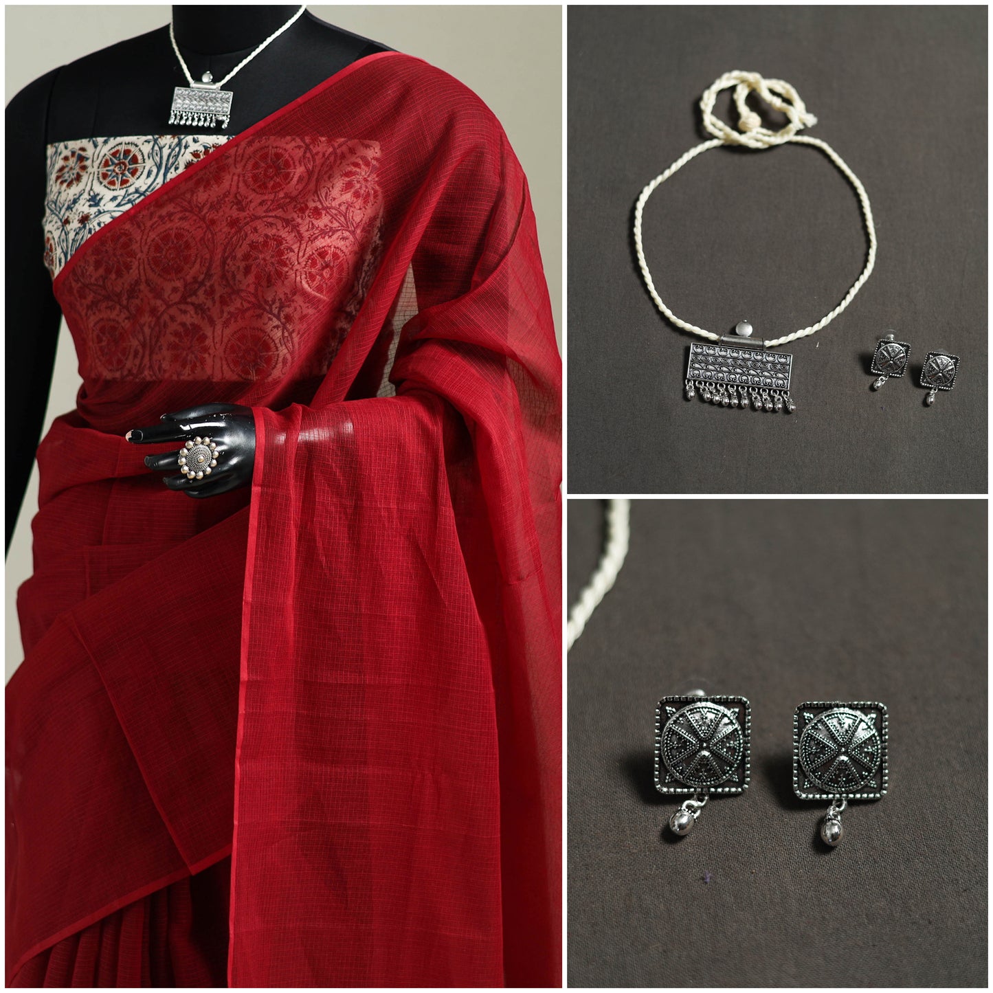 Red - Nazaakat Kota Doria Cotton Plain Saree with Blouse & Jewellery Set 113