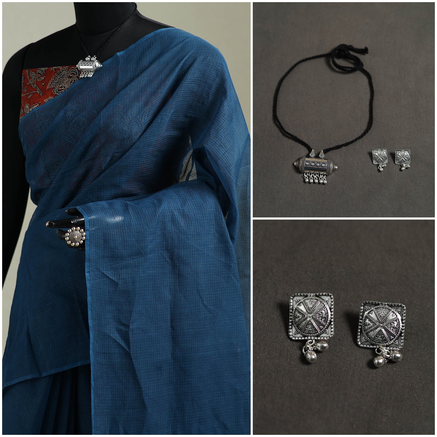 Blue - Nazaakat Kota Doria Cotton Plain Saree with Blouse & Jewellery Set 48