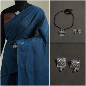 Blue - Nazaakat Kota Doria Cotton Plain Saree with Blouse & Jewellery Set 48