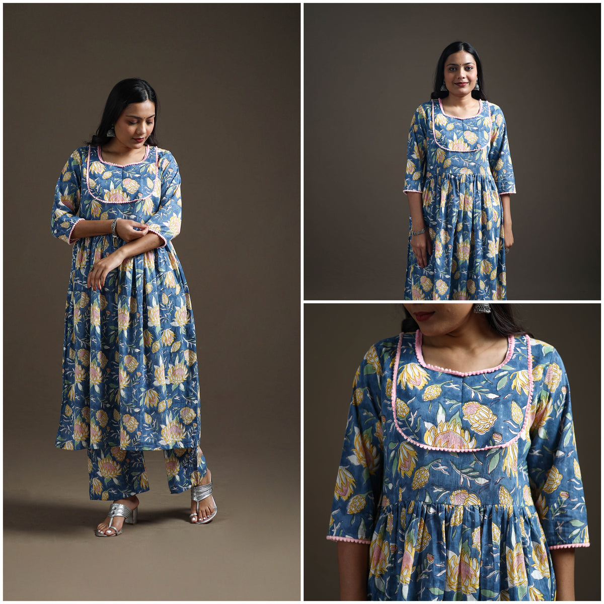 Blue - floral sanganeri print cotton lace work flared kurta