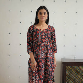 Red Block Printed Cotton Gota Work Long Bagru Kurta