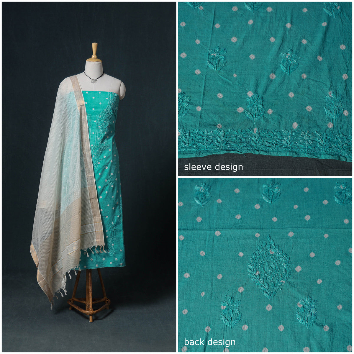 Lucknowi Chikankari Hand Work Unstitched Dress Material: Kurta & Dupatta with Jewellery 20