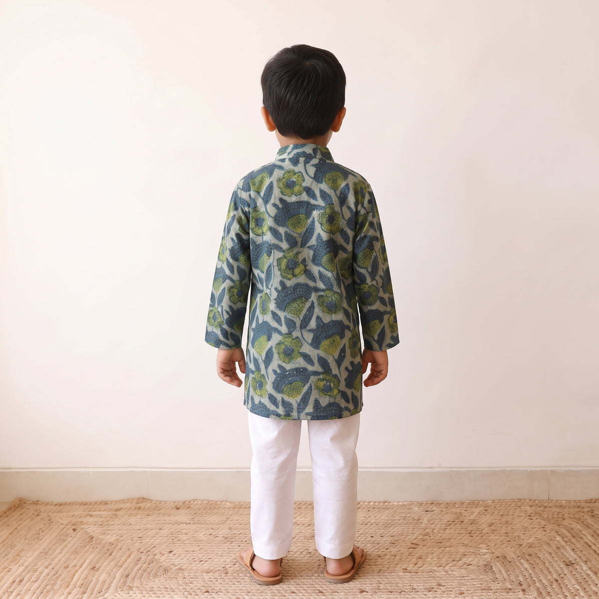 Green - kids pure cotton kurta in bagru block prints (3-4