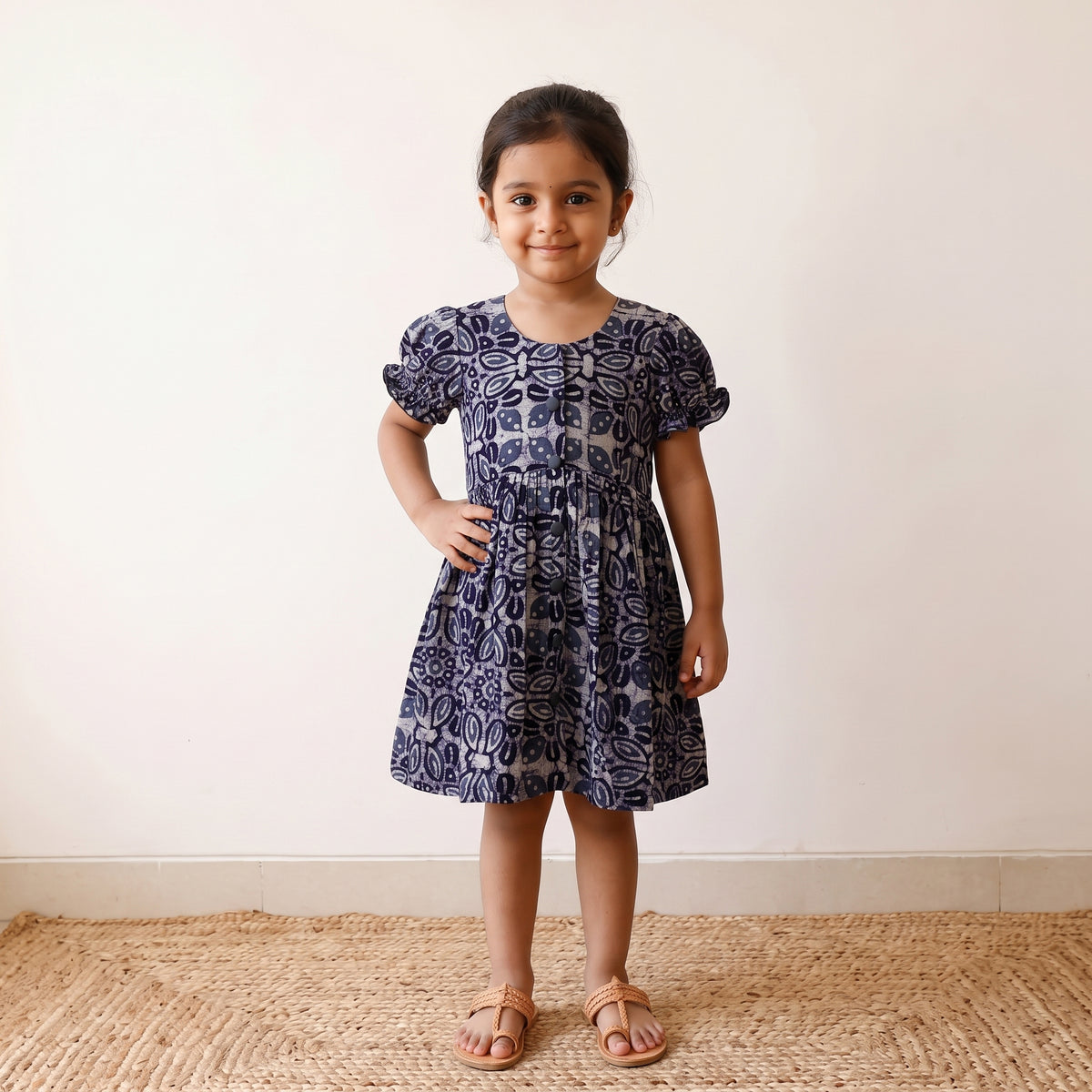 Blue - pure cotton girls frock dress in batik block prints