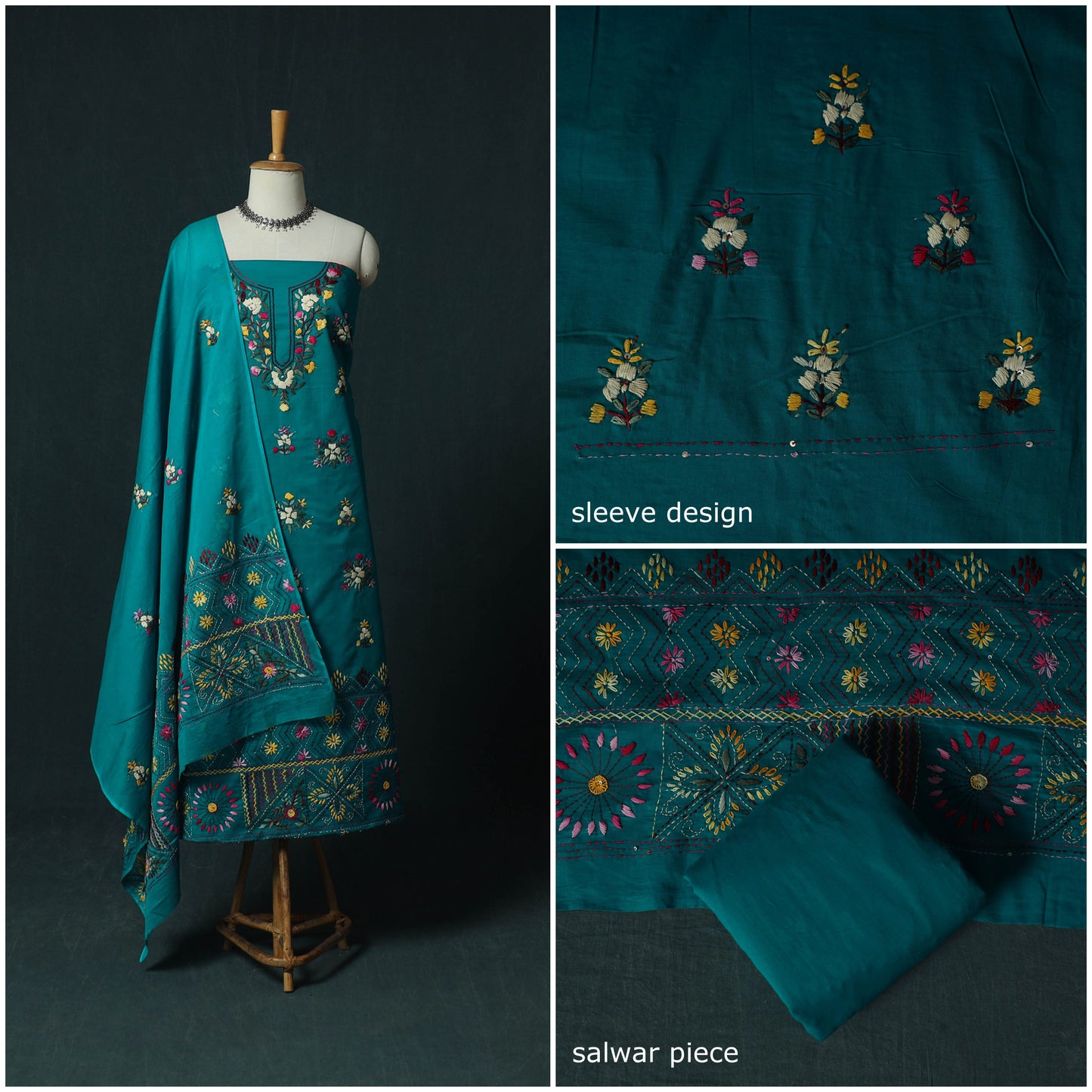 Blue - Hand Embroidered Cotton 3pc Unstitched Dress Material 50
