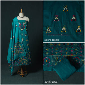 Blue - Hand Embroidered Cotton 3pc Unstitched Dress Material 50