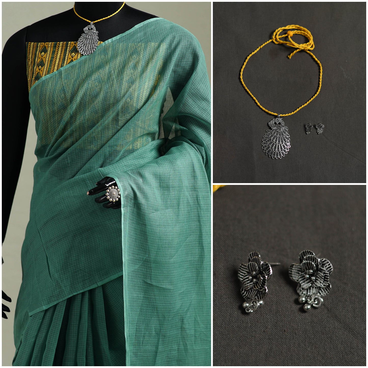 Green - Nazaakat Kota Doria Cotton Plain Saree with Blouse & Jewellery Set 20