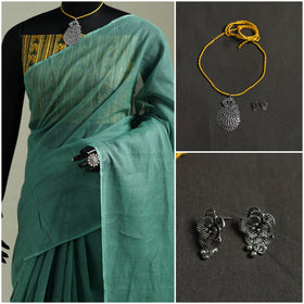 Green - Nazaakat Kota Doria Cotton Plain Saree with Blouse & Jewellery Set 20