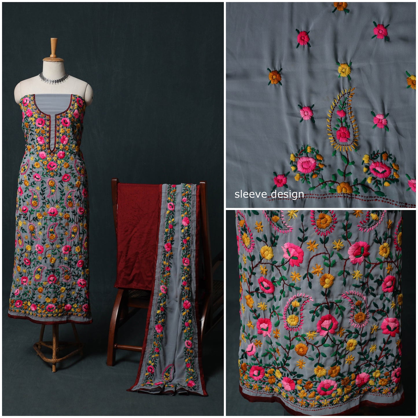 Hand Embroidered Georgette 3pc Unstitched Dress Material Suit Set 36
