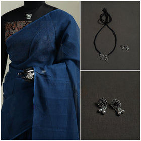 Blue - Nazaakat Kota Doria Cotton Plain Saree with Blouse & Jewellery Set 182