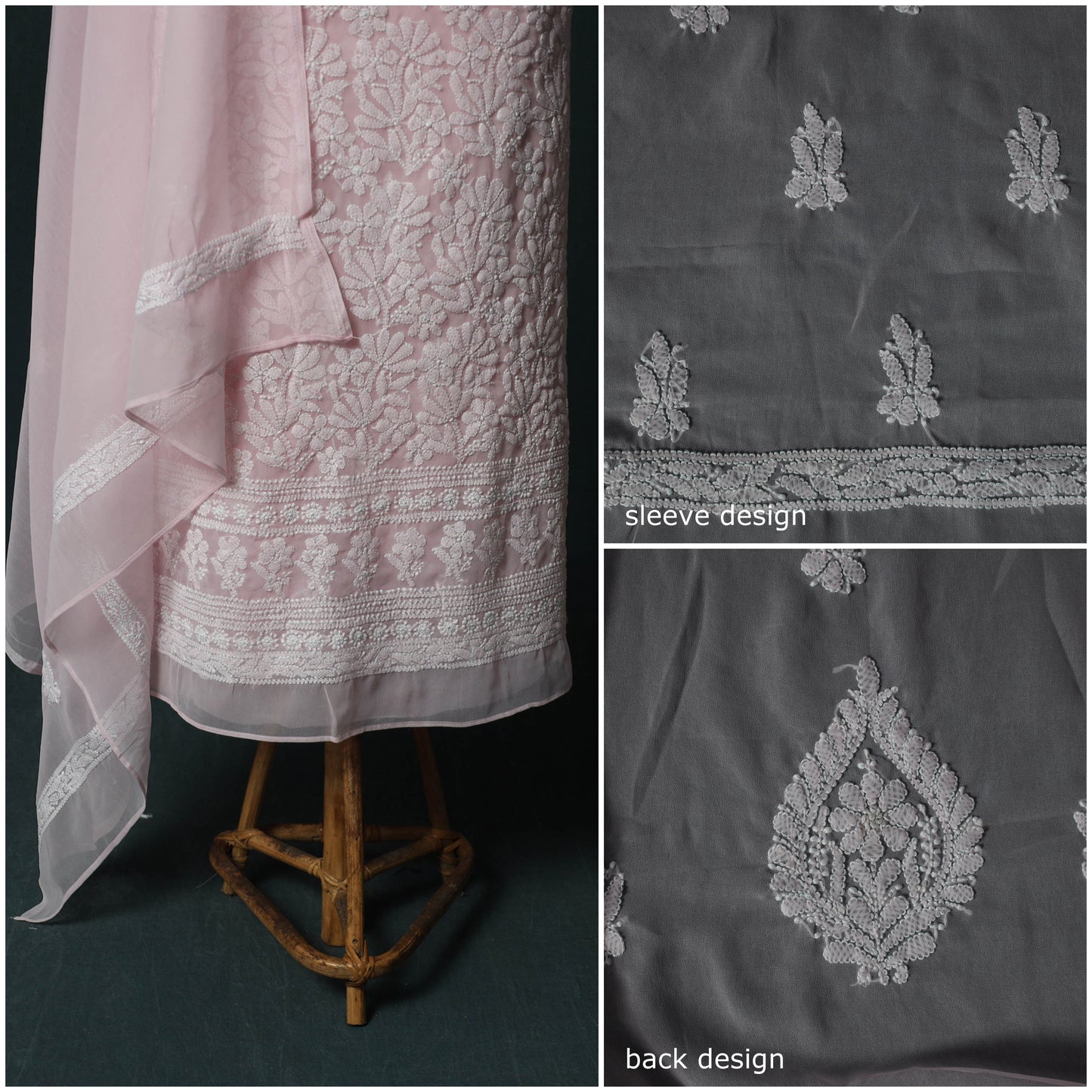 Lucknowi Chikankari Hand Embroidered Georgette 3pc Unstitched Dress Material Suit Set 20