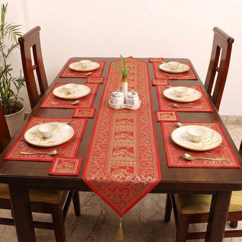 Brocade Banarasi Silk Dining Table Linen with 1 Runner, 6 mats and 6 coasters 09