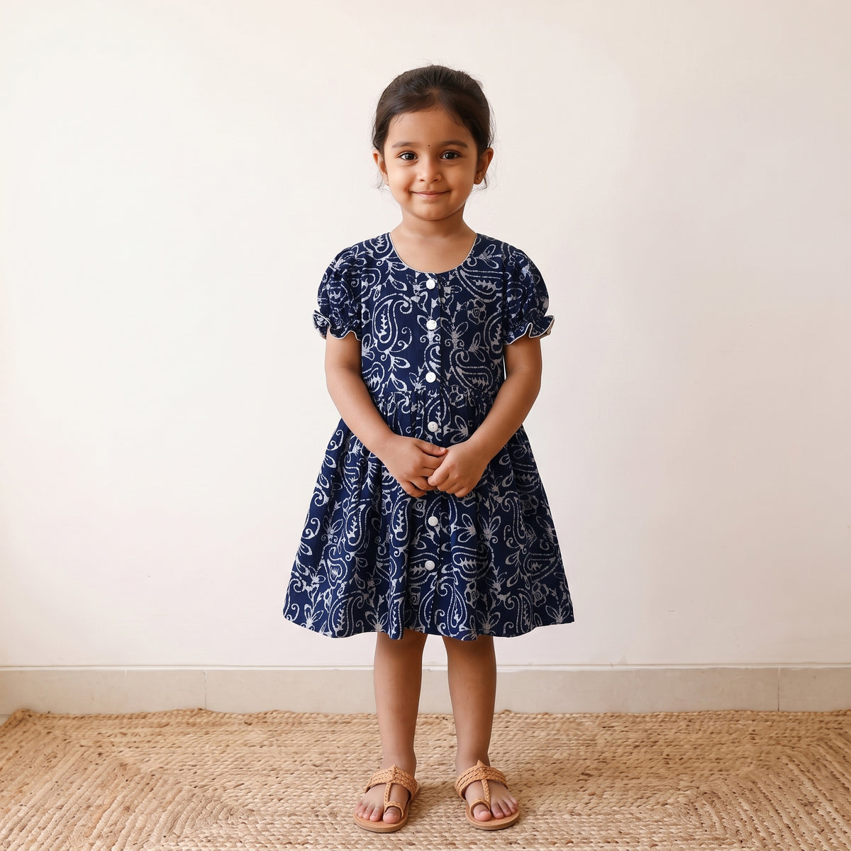 Blue - pure cotton girls frock dress in batik block prints