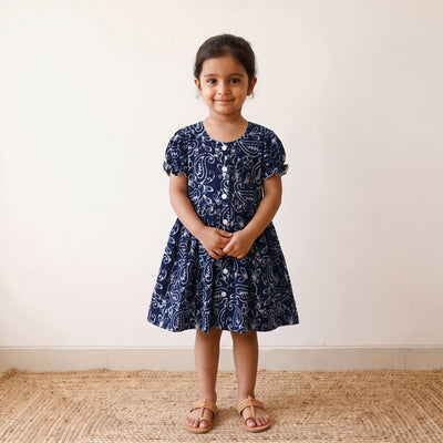 Blue - pure cotton girls frock dress in batik block prints