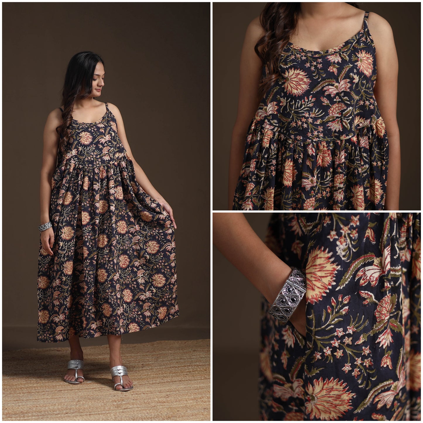 Sanganeri Floral Hand Block Print Cotton Flared Long Dress for Women 12