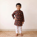 Black - kids pure cotton kurta in bagru block prints (3-4