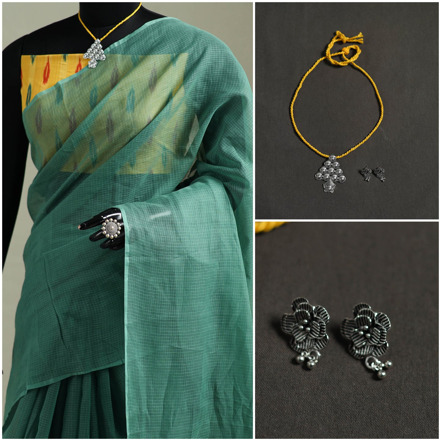 Green - Nazaakat Kota Doria Cotton Plain Saree with Blouse & Jewellery Set 21