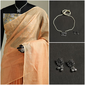 Peach - Nazaakat Kota Doria Cotton Plain Saree with Blouse & Jewellery Set 49