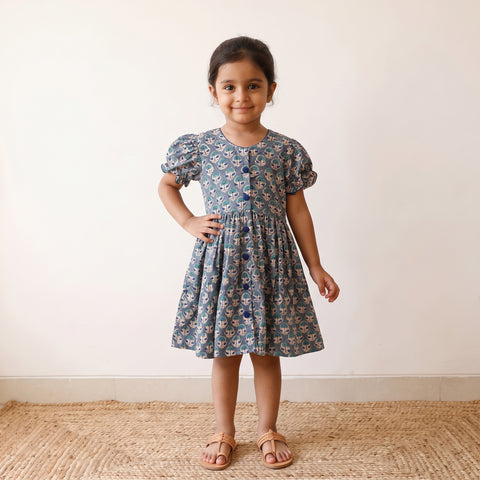 Green - Grey - Pure Cotton Girls Frock Dress in Sanganeri Floral Prints (3-4 Years) 10
