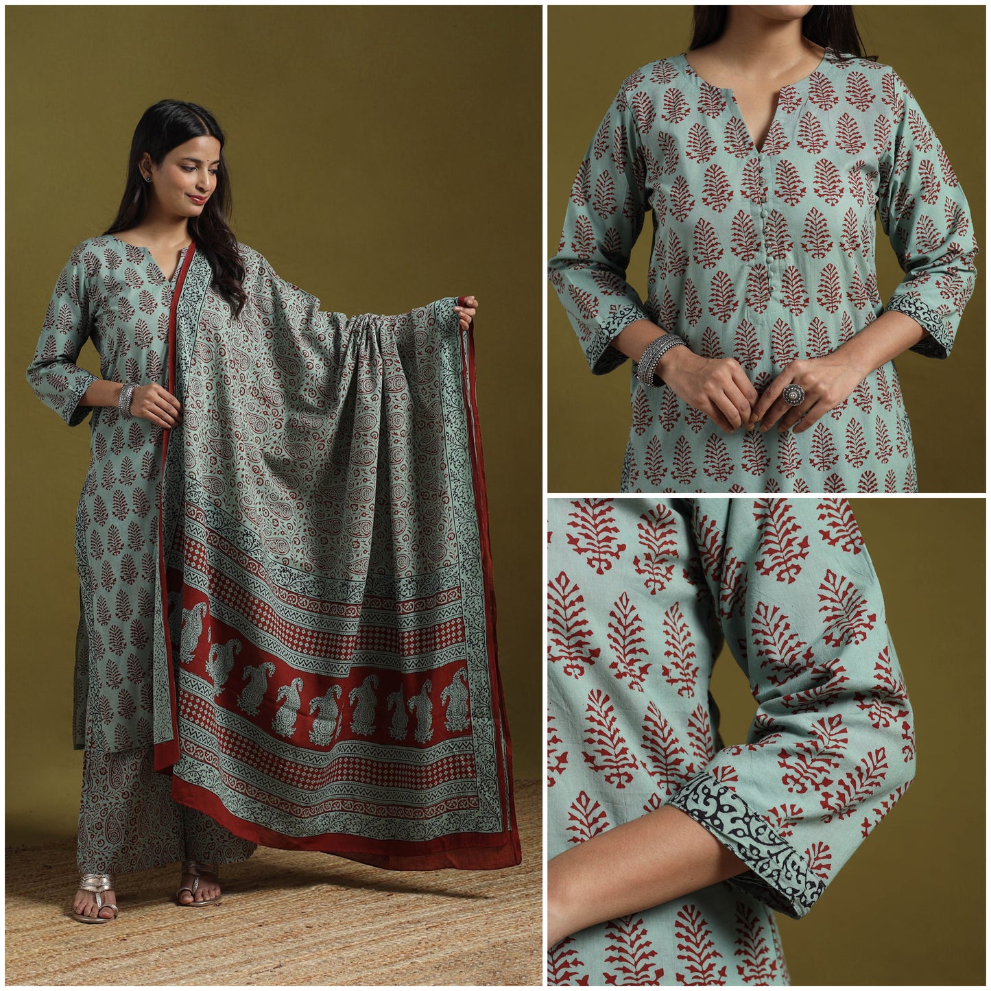 Natural Dyed Hand Block Bagh Print Cotton Suit Set with Dupatta for Women 15