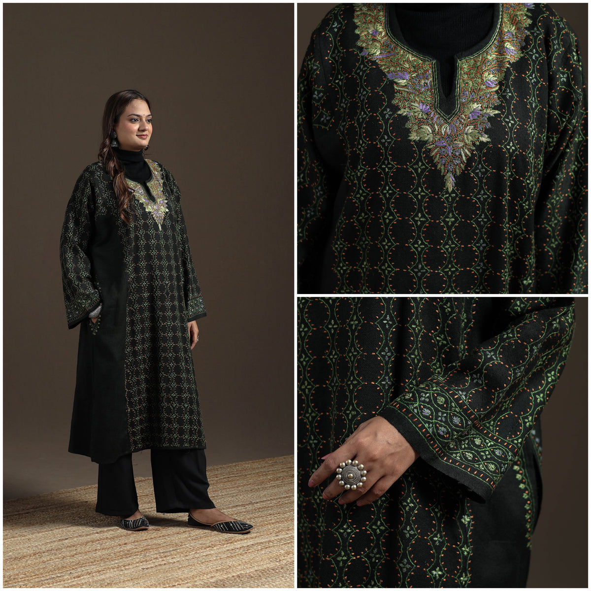Kashmiri Heavy Sozni Hand Embroidered Handwoven Merino Wool Pheran 20