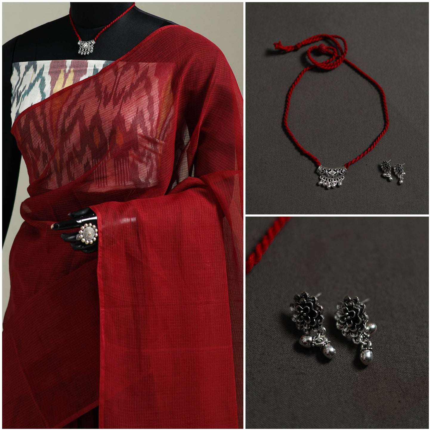 Red - Nazaakat Kota Doria Cotton Plain Saree with Blouse & Jewellery Set 183