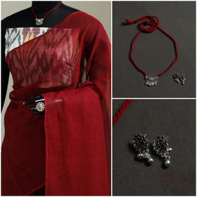 Red - Nazaakat Kota Doria Cotton Plain Saree with Blouse & Jewellery Set 183