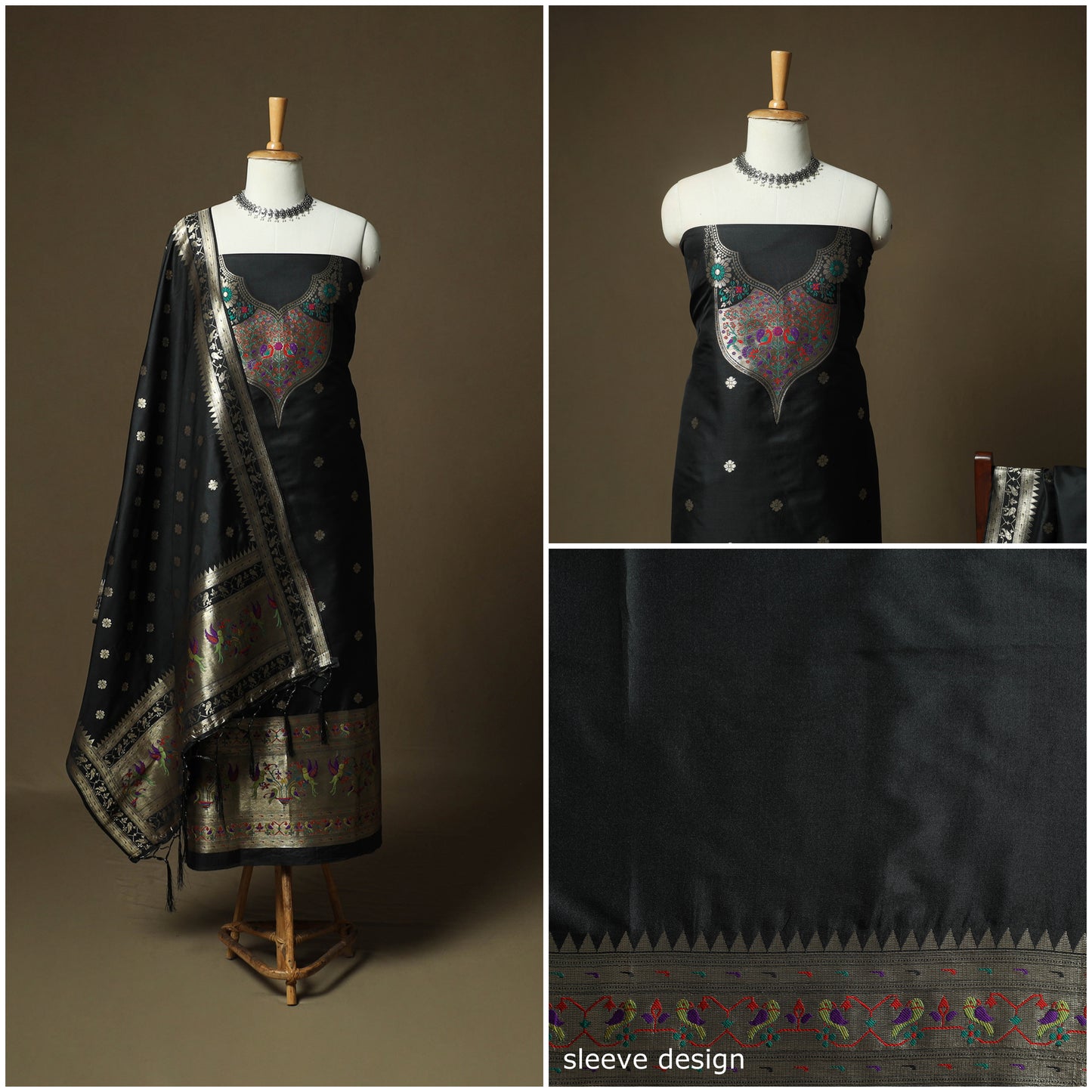 Black - Bangalore Silk Paithani Weave 3pc Unstitched Dress Material Suit Set 21