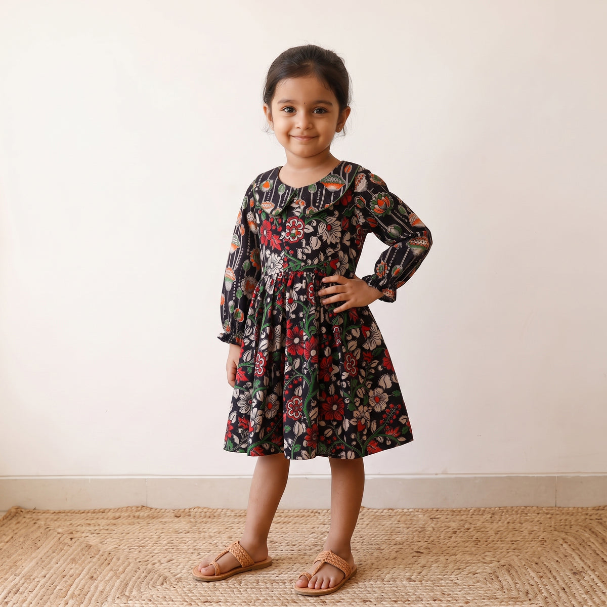 Black - pure cotton girls frock dress in kalamkari prints