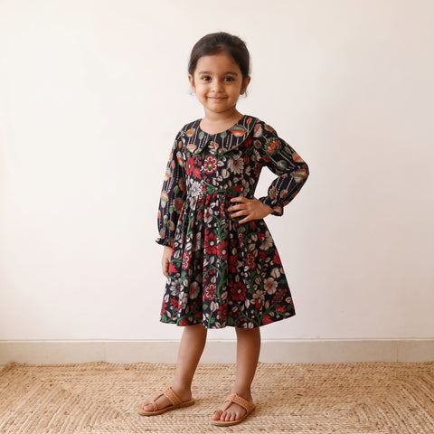 Black - Pure Cotton Girls Frock Dress in Kalamkari Prints (3-4 Years) 31