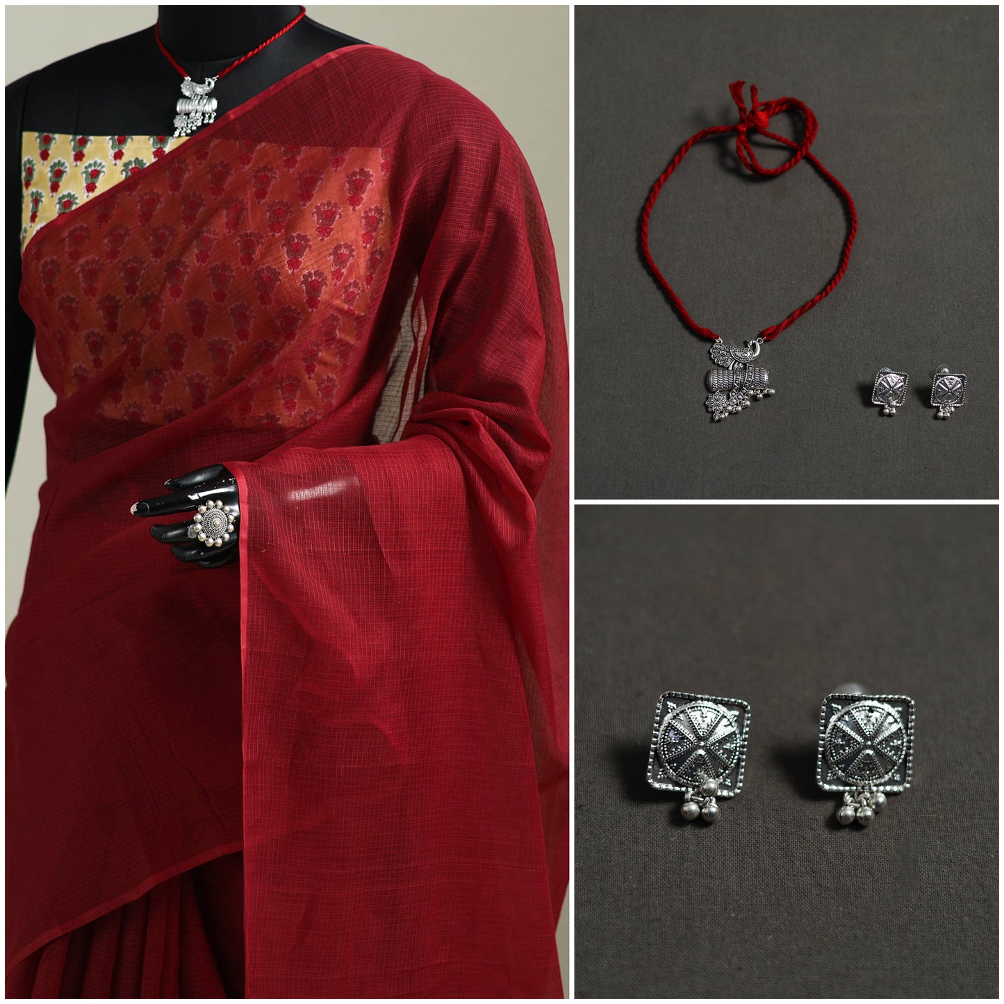 Red - Nazaakat Kota Doria Cotton Plain Saree with Blouse & Jewellery Set 154