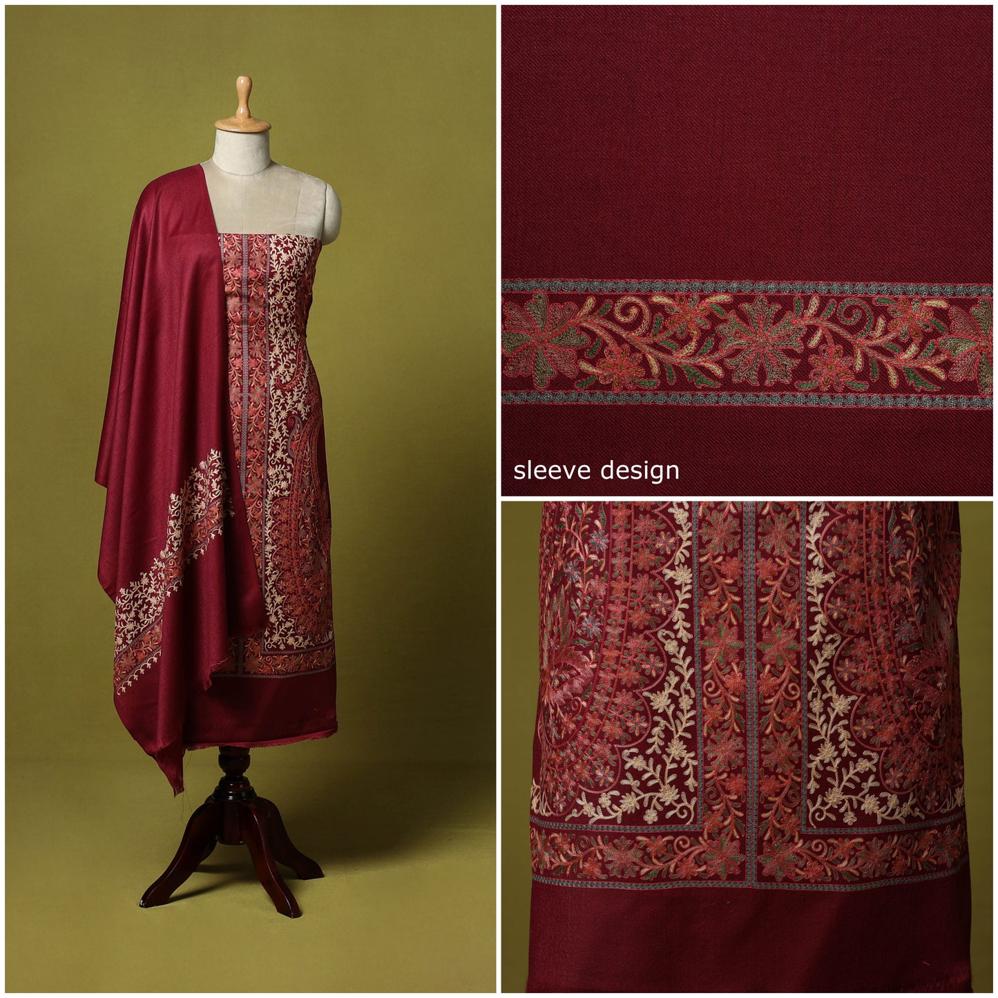 Maroon - 3pc Heavy Chain Stitch Embroidered Merino Wool Unstitched Dress Material 31