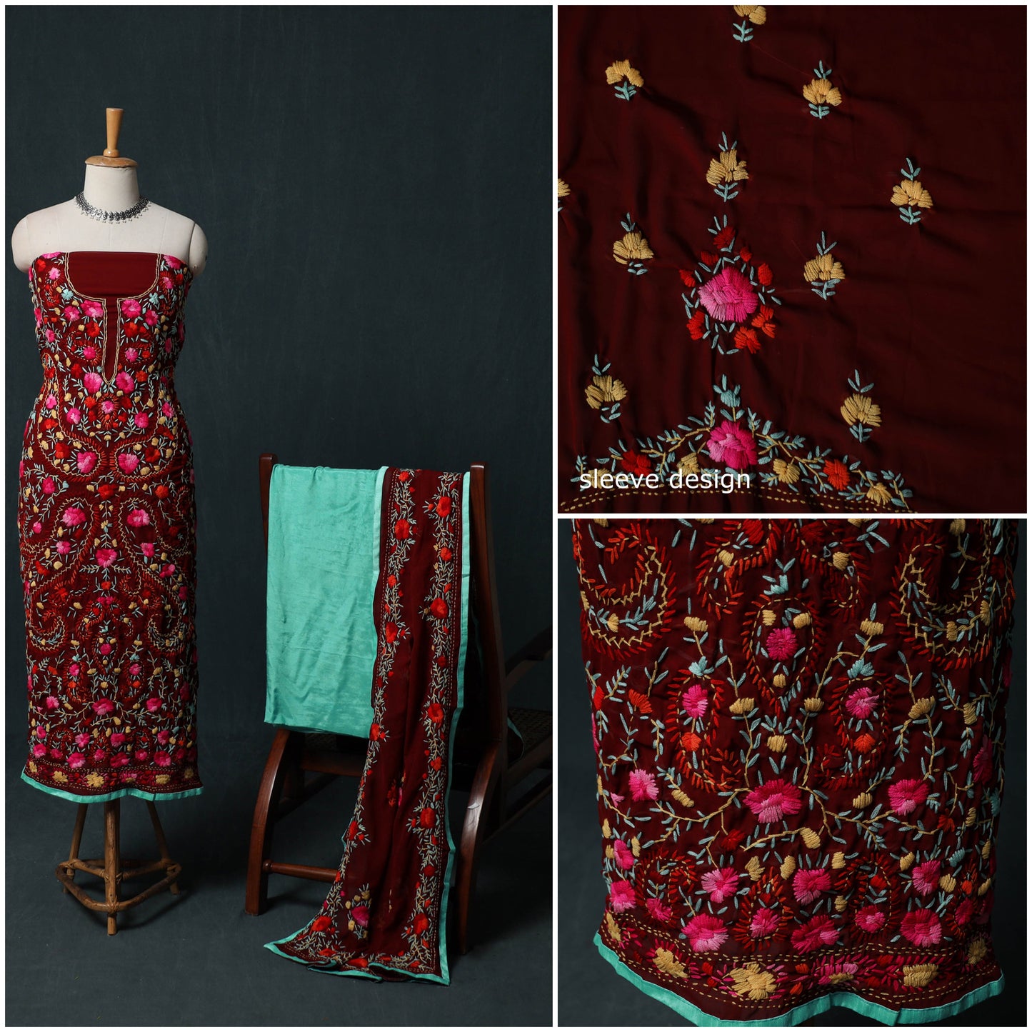 Hand Embroidered Georgette 3pc Unstitched Dress Material Suit Set 37