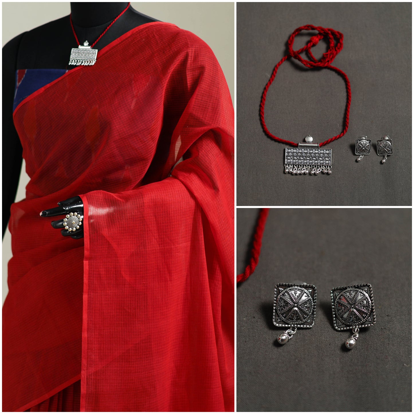 Red - Nazaakat Kota Doria Cotton Plain Saree with Blouse & Jewellery Set 114