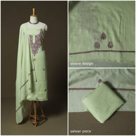 Green - Sozni Hand Embroidery Pure Silk 3pc Unstitched Dress Material Suit Set 31