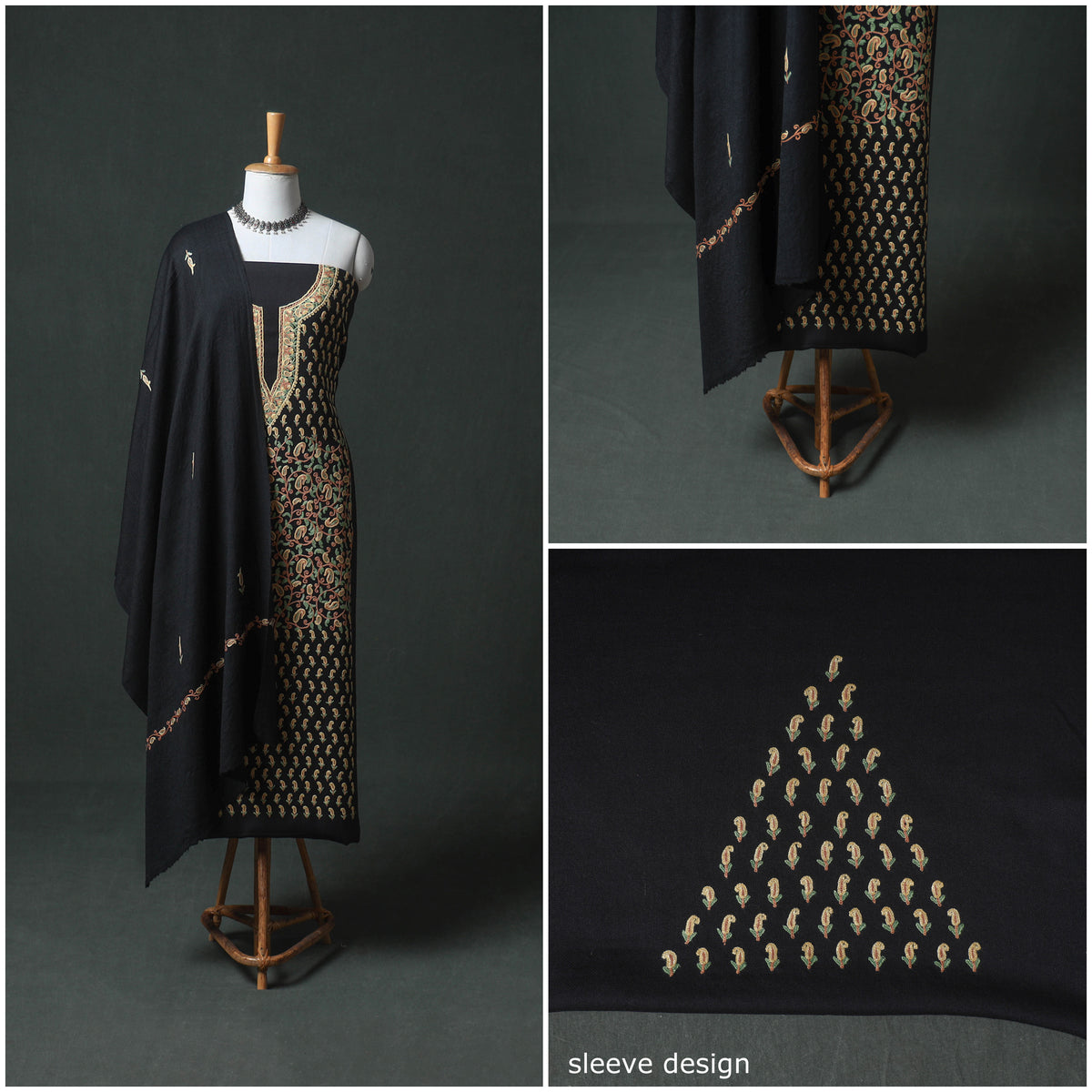 Kashmiri Aari Hand Embroidered Pure Merino Wool Unstitched Dress Material: Kurta, Bottom with Dupatta 21