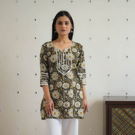 Black Block Printed Cotton Gota Work Short Bagru Kurta
