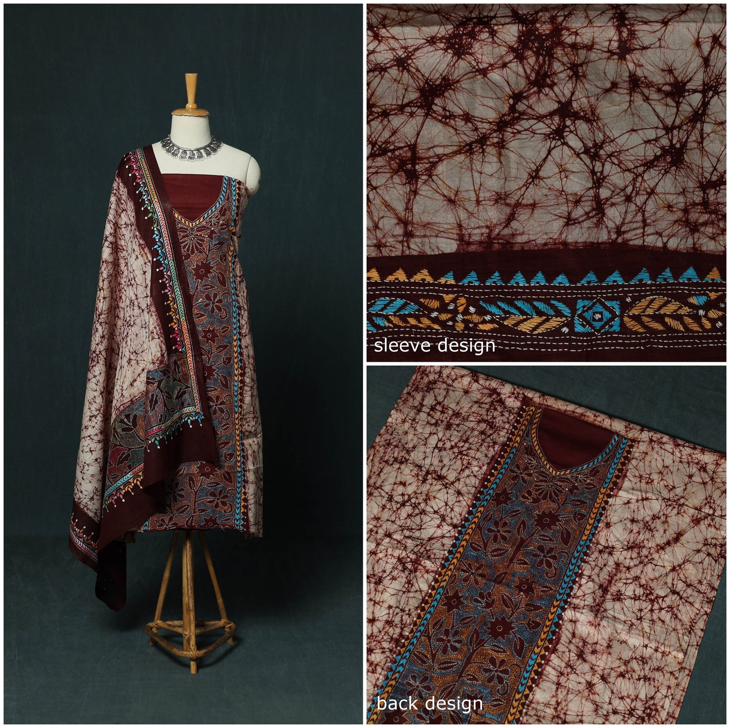 Bengal Kantha Work Cotton 3pc Unstitched Batik Print Dress Material Suit Set 19