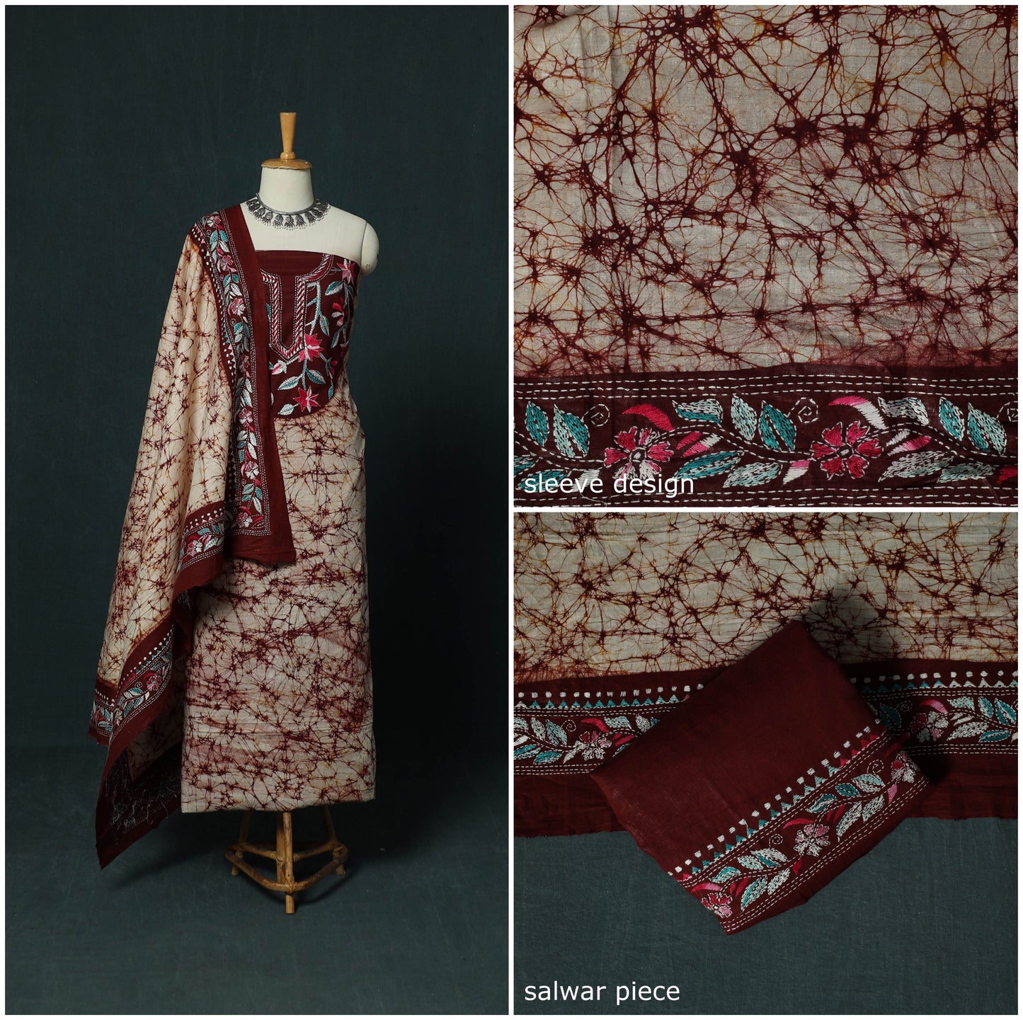 Bengal Kantha Work Cotton 3pc Unstitched Batik Print Dress Material Suit Set 20