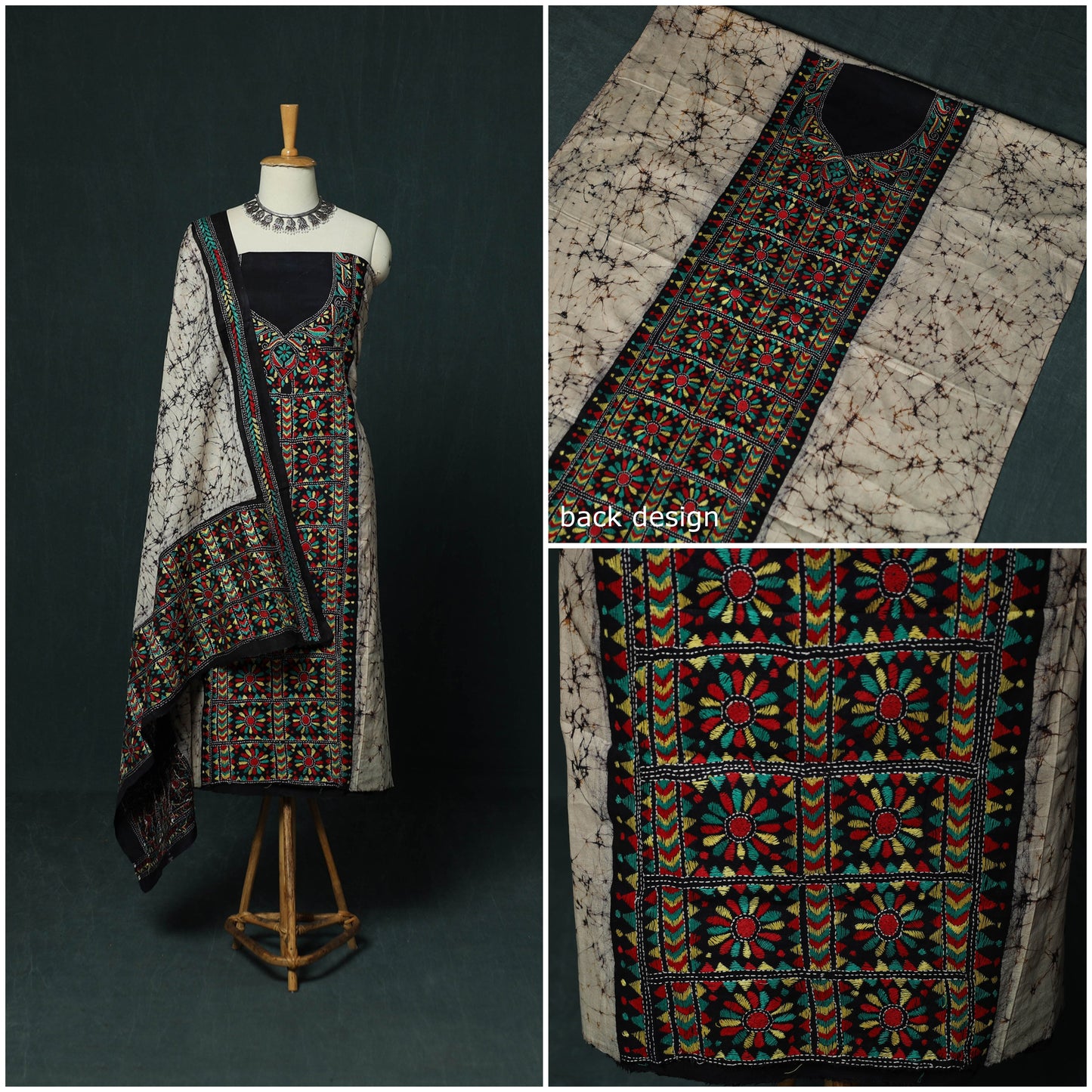 Bengal Kantha Work Cotton 3pc Unstitched Batik Print Dress Material Suit Set 21