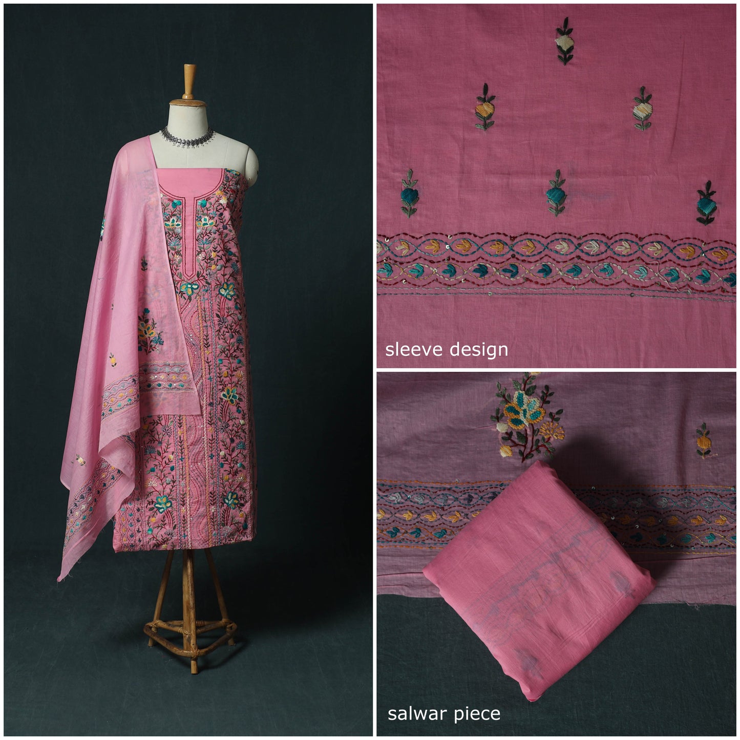 Pink - Hand Embroidered Cotton 3pc Unstitched Dress Material 52