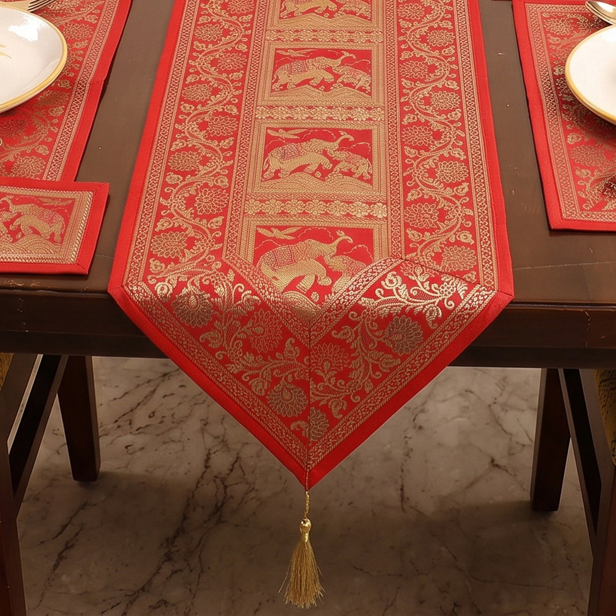 Brocade Banarasi Silk Dining Table Linen with 1 Runner, 6 mats and 6 coasters 09