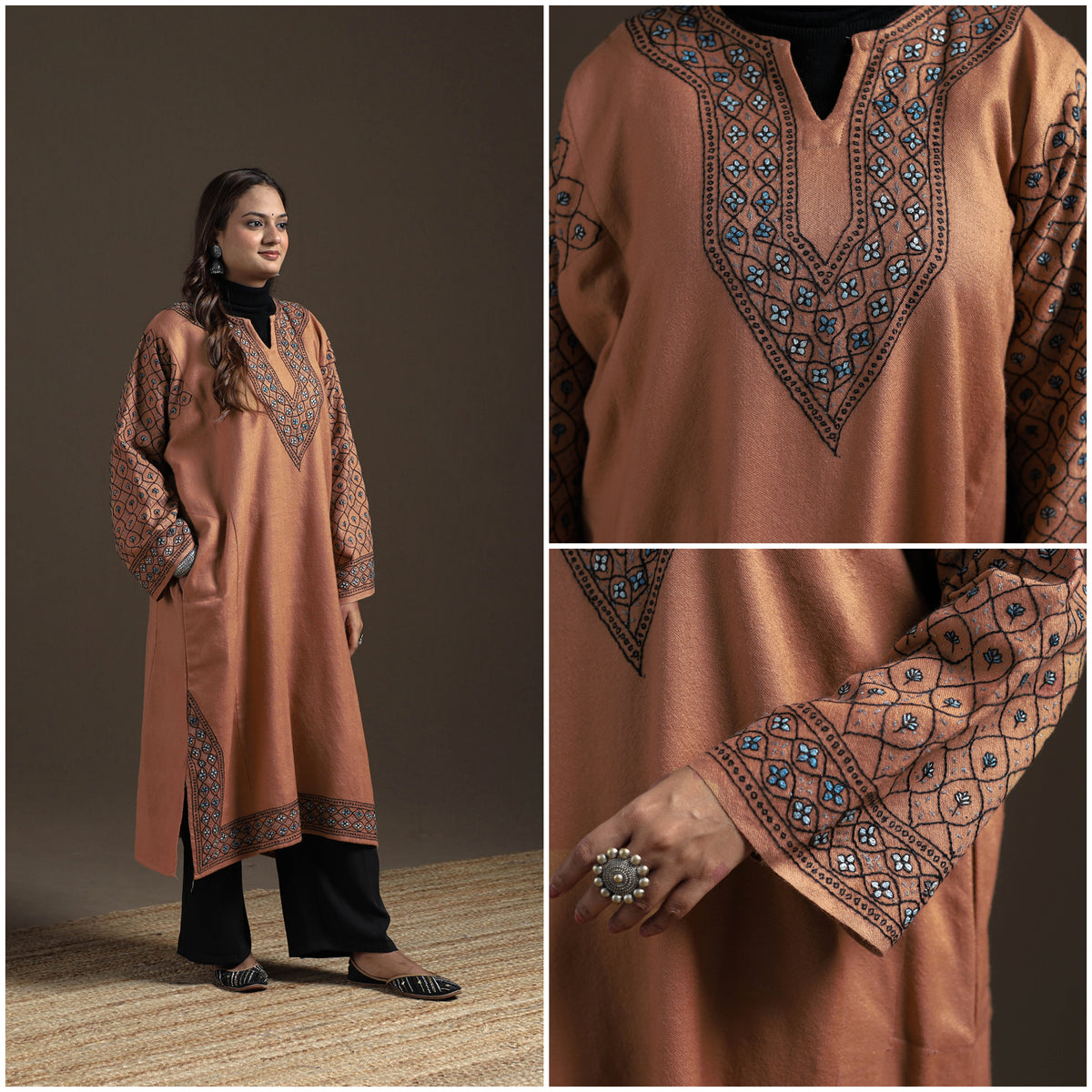 Kashmiri Heavy Sozni Hand Embroidered Handwoven Merino Wool Pheran 21